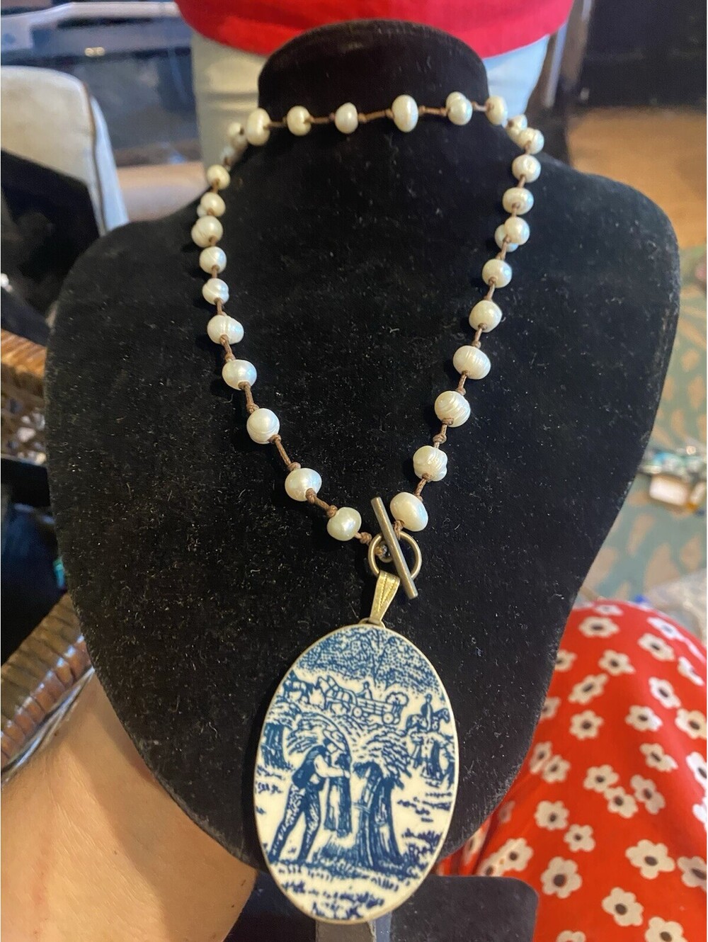 Currier And Ives Pearl Pendant Up cycled Necklace